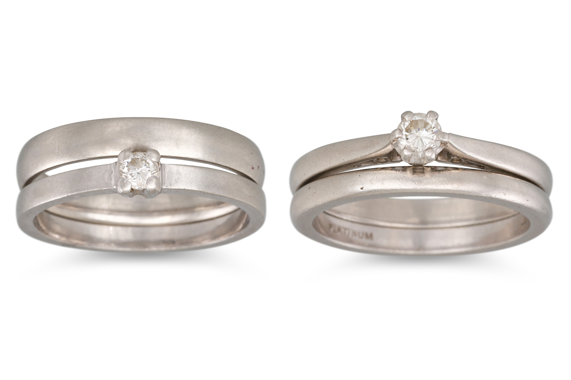 FOUR PLATINUM RINGS, 2 diamond set, 15.1 g. Sizes: K-L and L