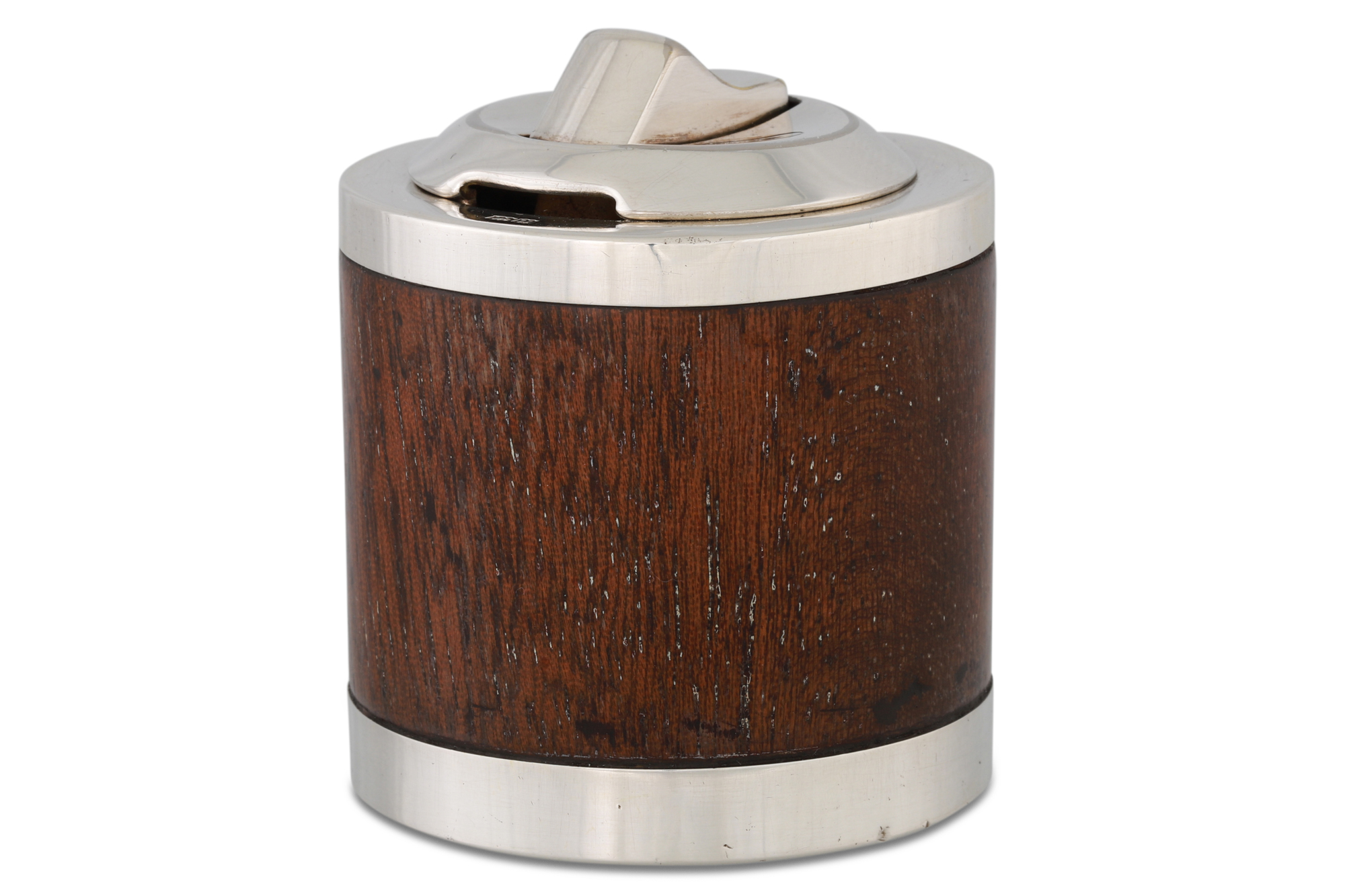 A VINTAGE SILVER AND WOOD TABLE LIGHTER, by Colibri, Birmingham 1969