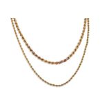 TWO 9CT GOLD ROPE LINK NECK CHAINS, 13 g.