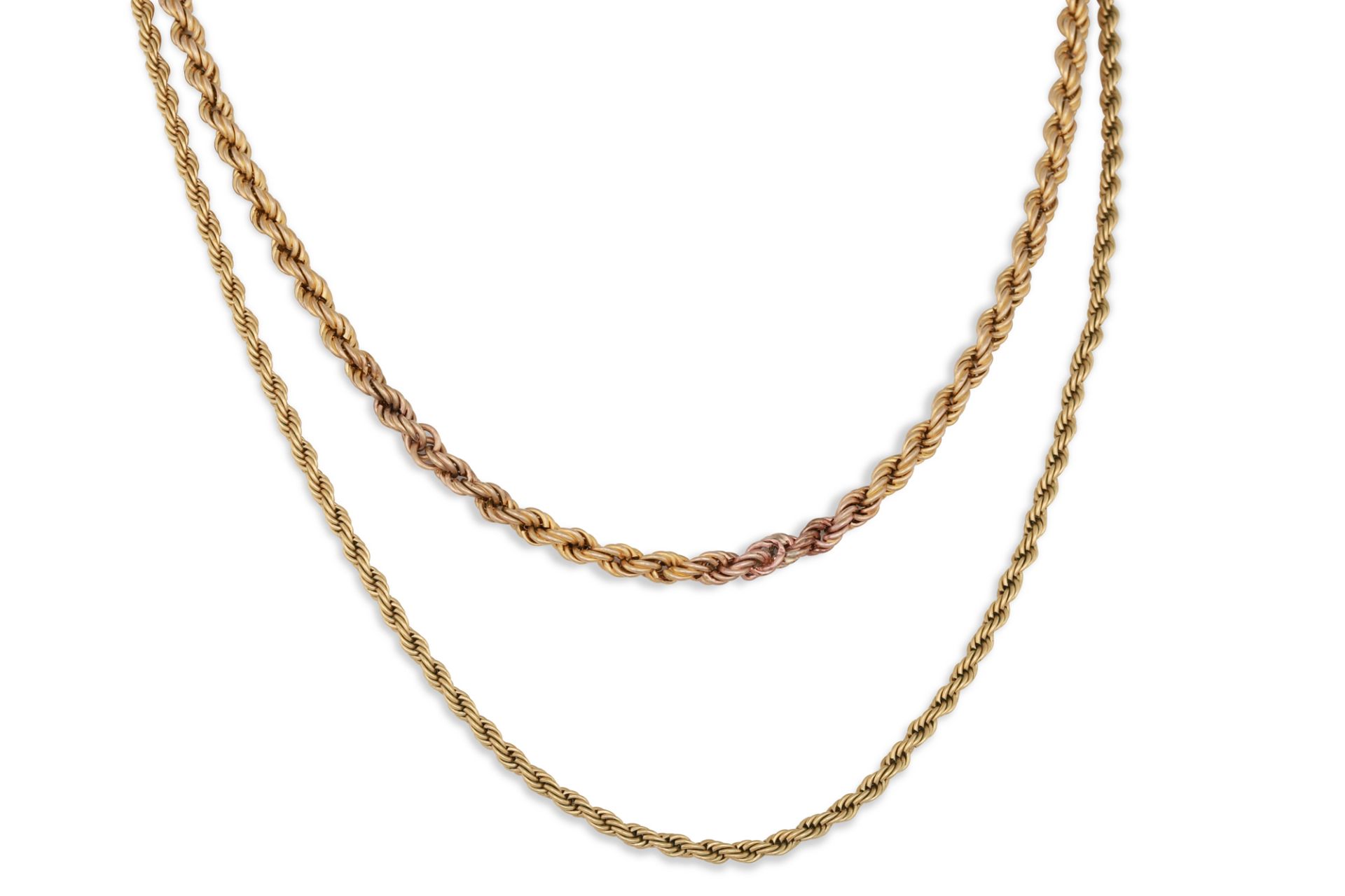 TWO 9CT GOLD ROPE LINK NECK CHAINS, 13 g.