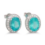 A PAIR OF DIAMOND AND BLUE / GREEN TOURMALINE CLUSTER EARRINGS, mounted in white gold