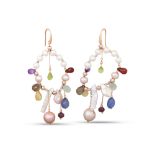 A PAIR OF PEARL, TOURMALINE AND SAPPHIRE DROP EARRINGS, large proportions, circular drop form