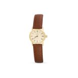 A LADY'S OMAGA OVAL "DE VILLE" WRISTWATCH, champagne face with Roman numerals, brown leather strap