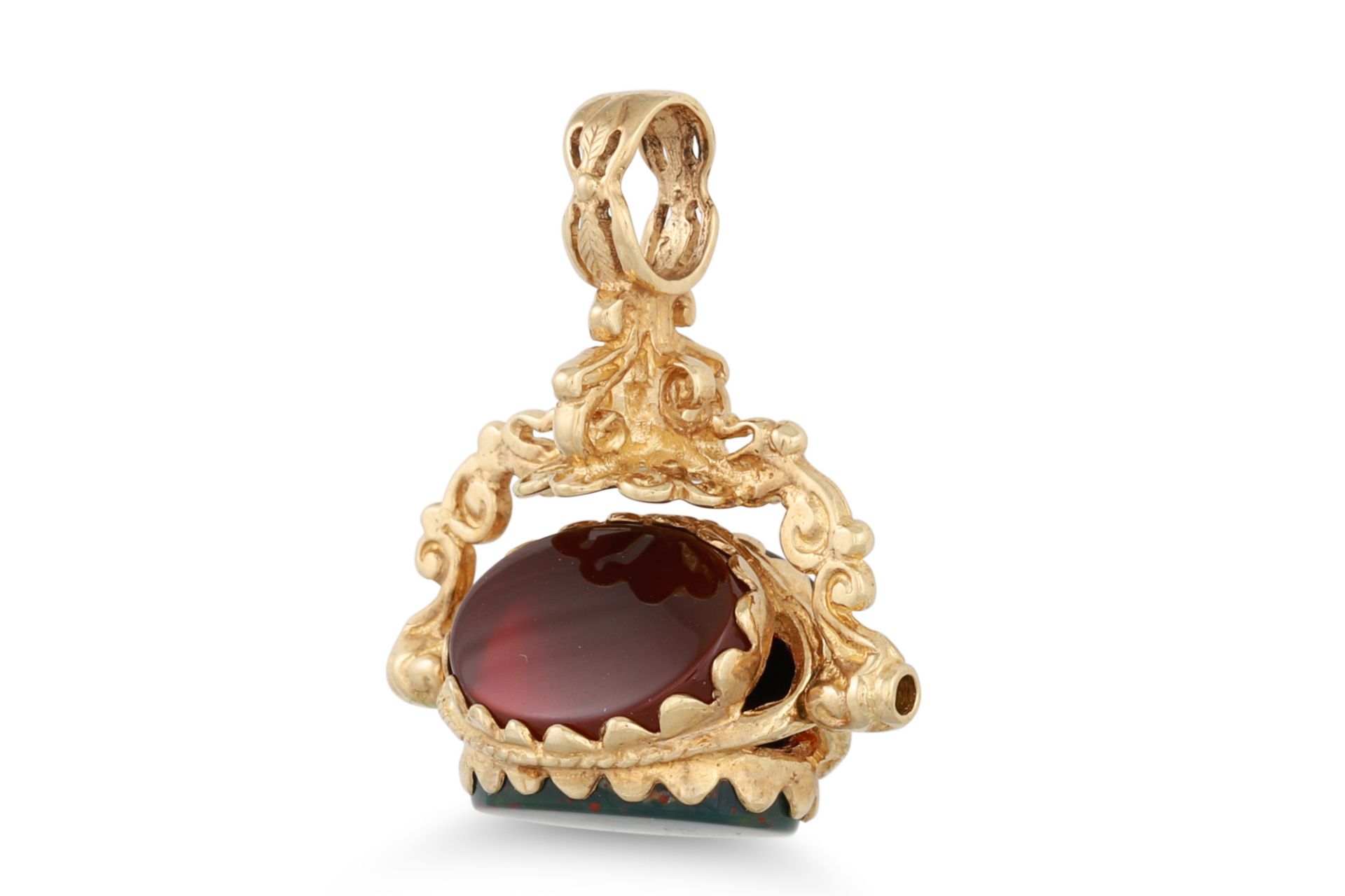 A 9CT GOLD SWIVEL SEAL, set with bloodstone and carnelian