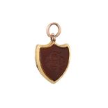 AN ANTIQUE 18CT GOLD SHIELD SHAPED FOB, set with bloodstone & carnelian, engraved initials