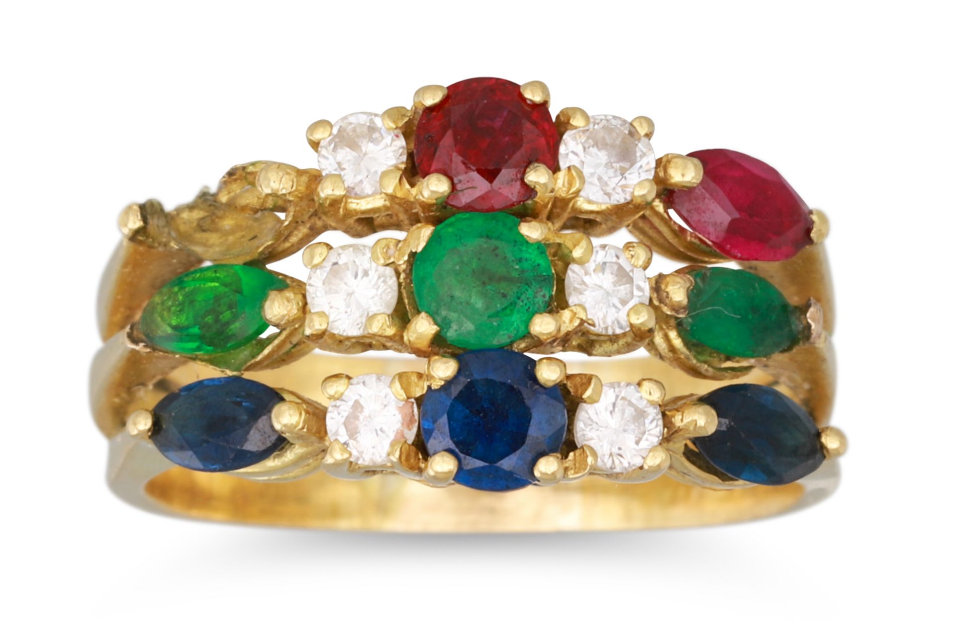 A DIAMOND AND GEM SET RING, in 18ct gold. Size: J - K