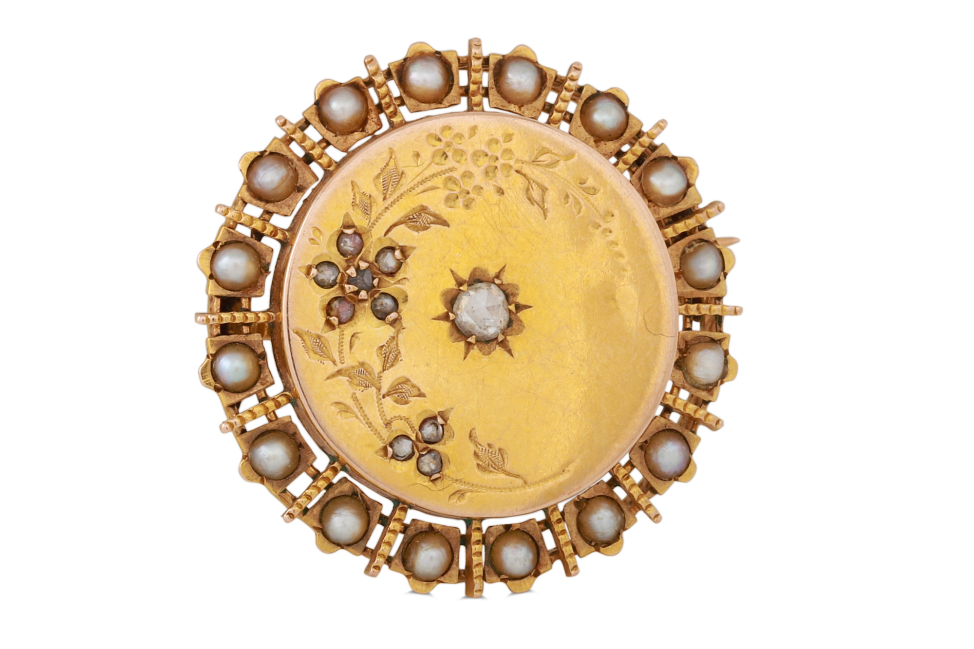 A VINTAGE FRENCH DIAMOND AND SEED PEARL BROOCH, mounted in 18ct gold, circular, 4.7 g.