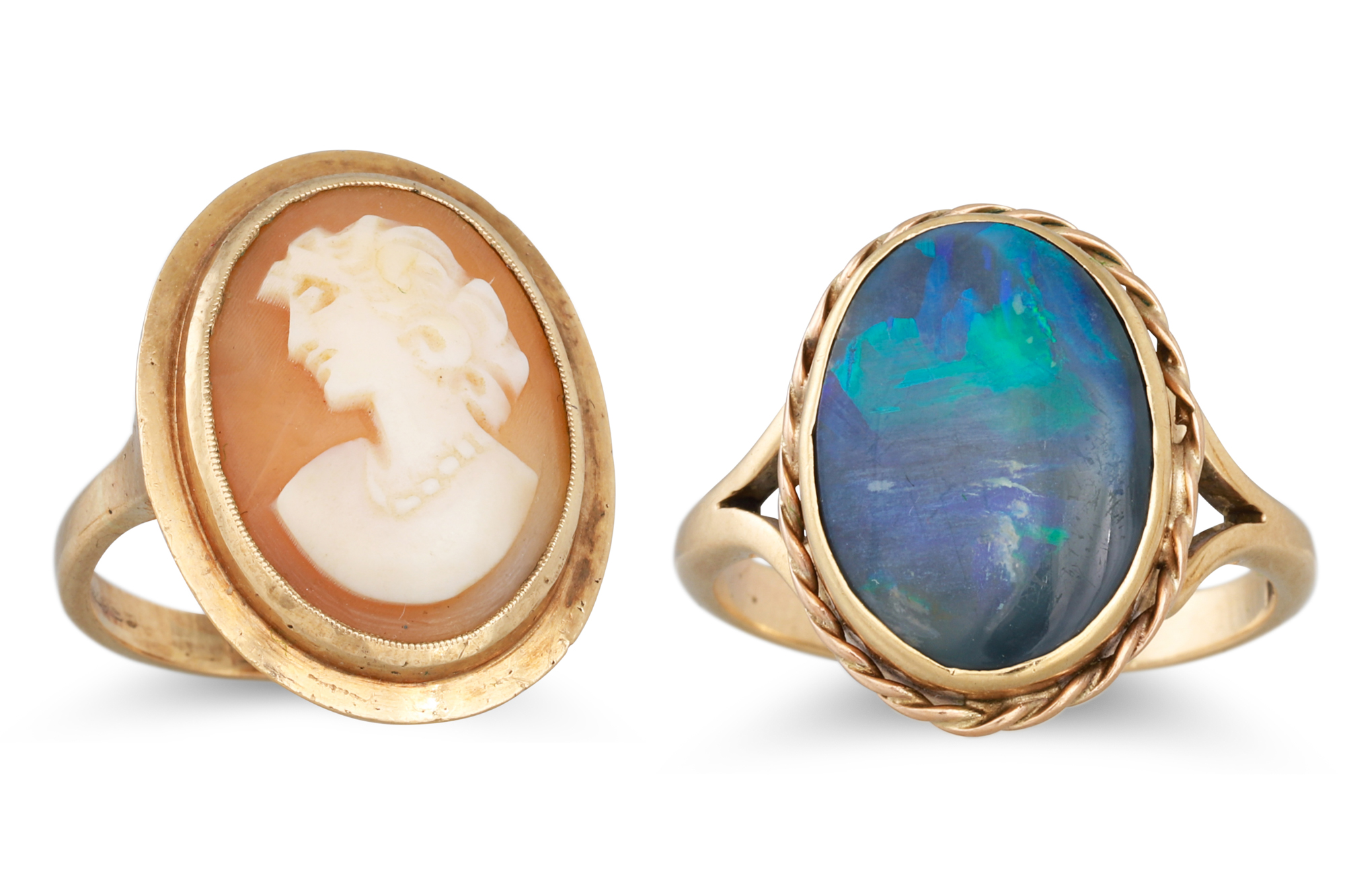 A 9CT GOLD CAMEO RING, together with an opal ring in 9ct gold. Size: K-L and N