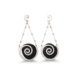 A PAIR OF ONYX AND DIAMOND DROP EARRINGS, of drop swirl design. Estimated: weight of diamonds: 0.