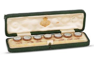 A SET OF VICTORIAN BUTTONS, mounted in 9ct gold, set with mother-of-pearl, seed pearl and enamel,