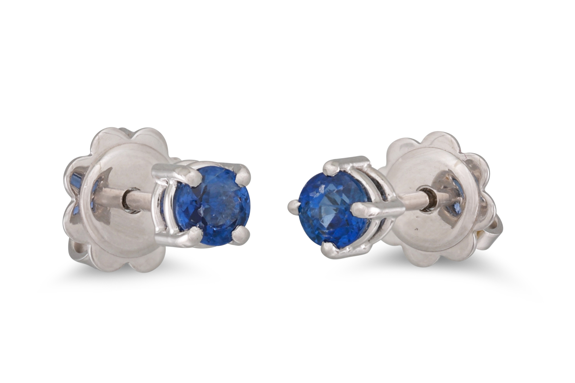 A PAIR OF SAPPHIRE STUD EARRINGS, the circular stones mounted in 18ct white gold. Estimated: