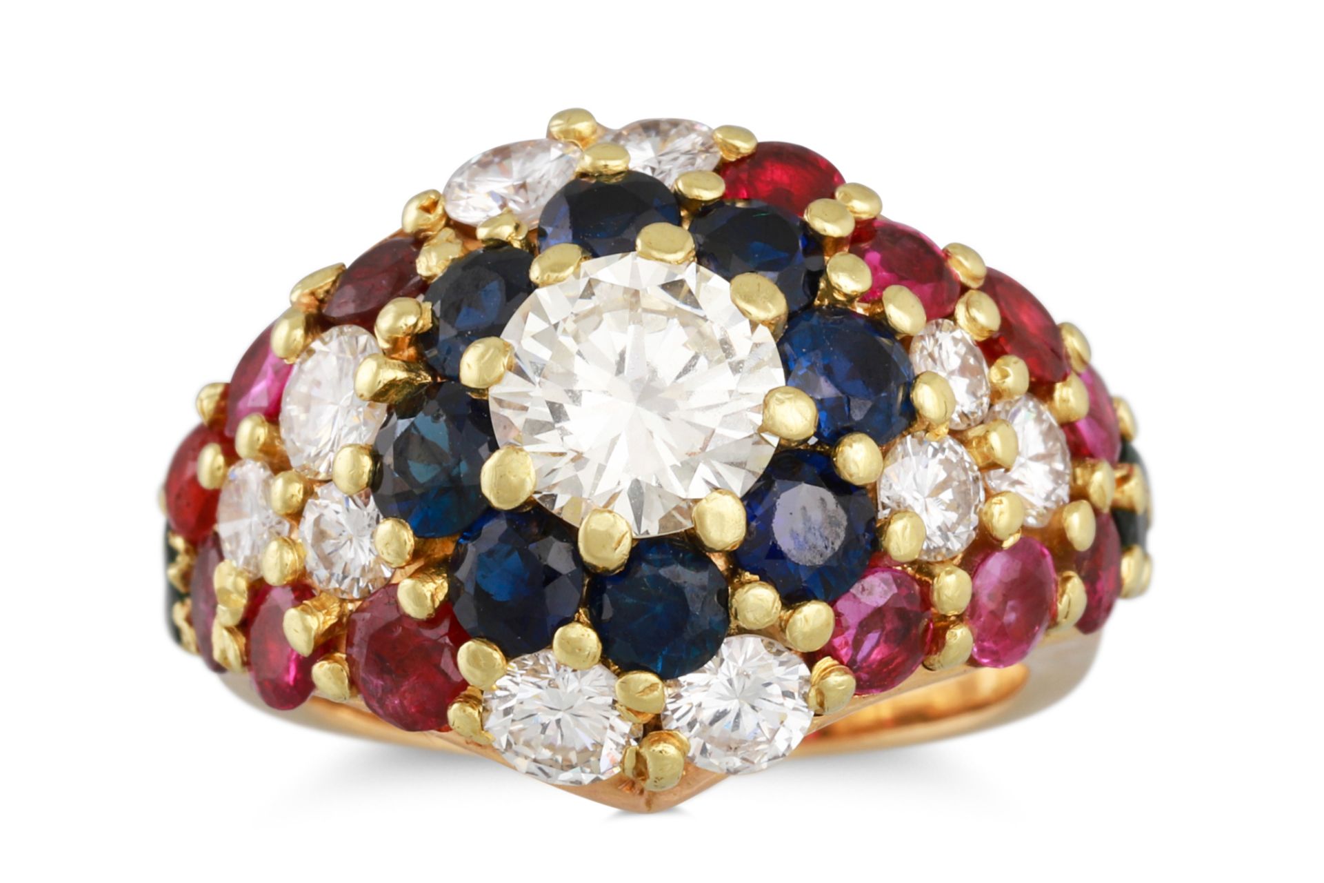 A DIAMOND AND COLOURED GEM-STONE CLUSTER RING, bombé style, in 18ct yellow gold. Estimated: weight - Bild 2 aus 2
