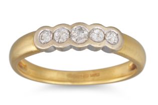 A FIVE STONE DIAMOND RING, the brilliant cut diamonds mounted in 18ct yellow gold. Estimated: weight