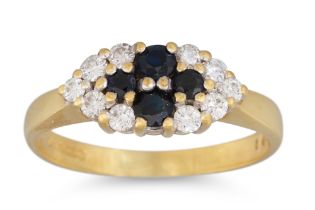 A SAPPHIRE AND DIAMOND CLUSTER RING, mounted in 18ct yellow gold, size L - M