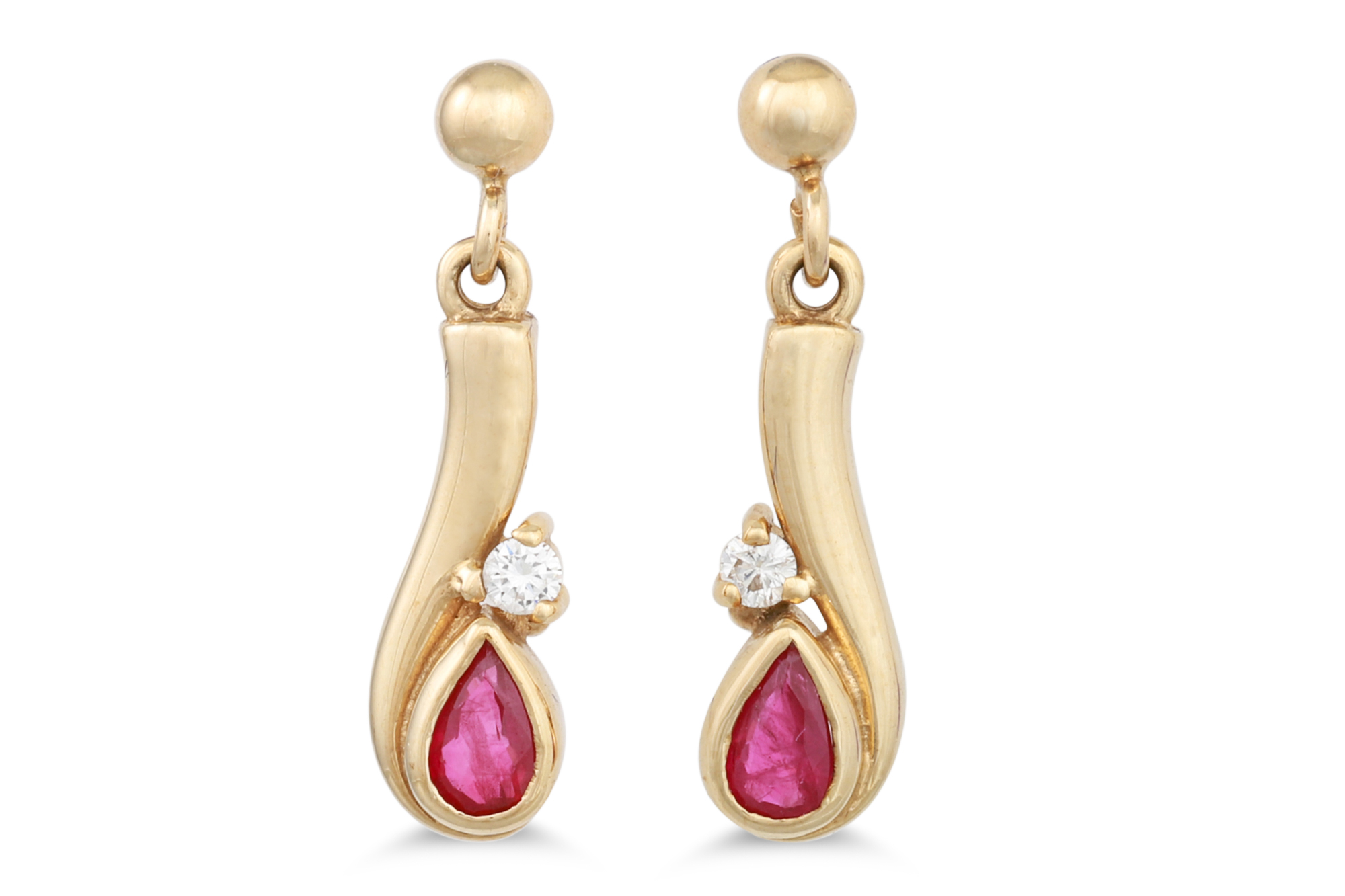 A PAIR OF DIAMOND AND RUBY DROP EARRINGS, mounted in 18ct gold