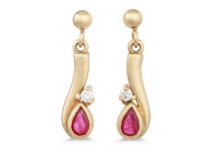 A PAIR OF DIAMOND AND RUBY DROP EARRINGS, mounted in 18ct gold
