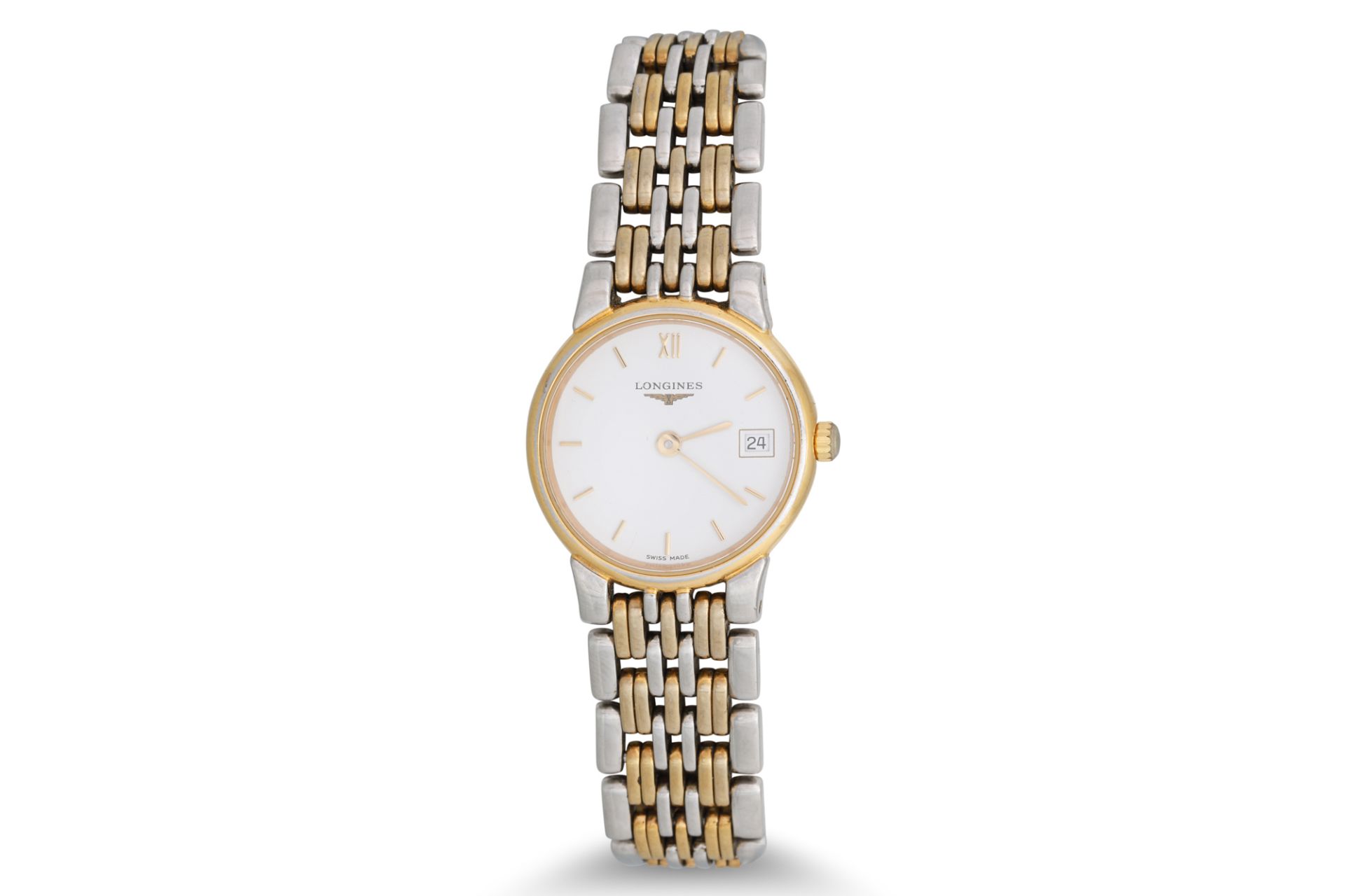 A LADY'S LONGINES STAINLESS STEEL WRISTWATCH, two colour gold, white face, baton markers with date