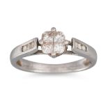 A DIAMOND CLUSTER RING, to diamond set shoulders, mounted in 18ct white gold, size L 300