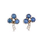 AN ATTRACTIVE PAIR OF SAPPHIRE AND DIAMOND CLUSTER EARRINGS, the circular sapphires and old cut