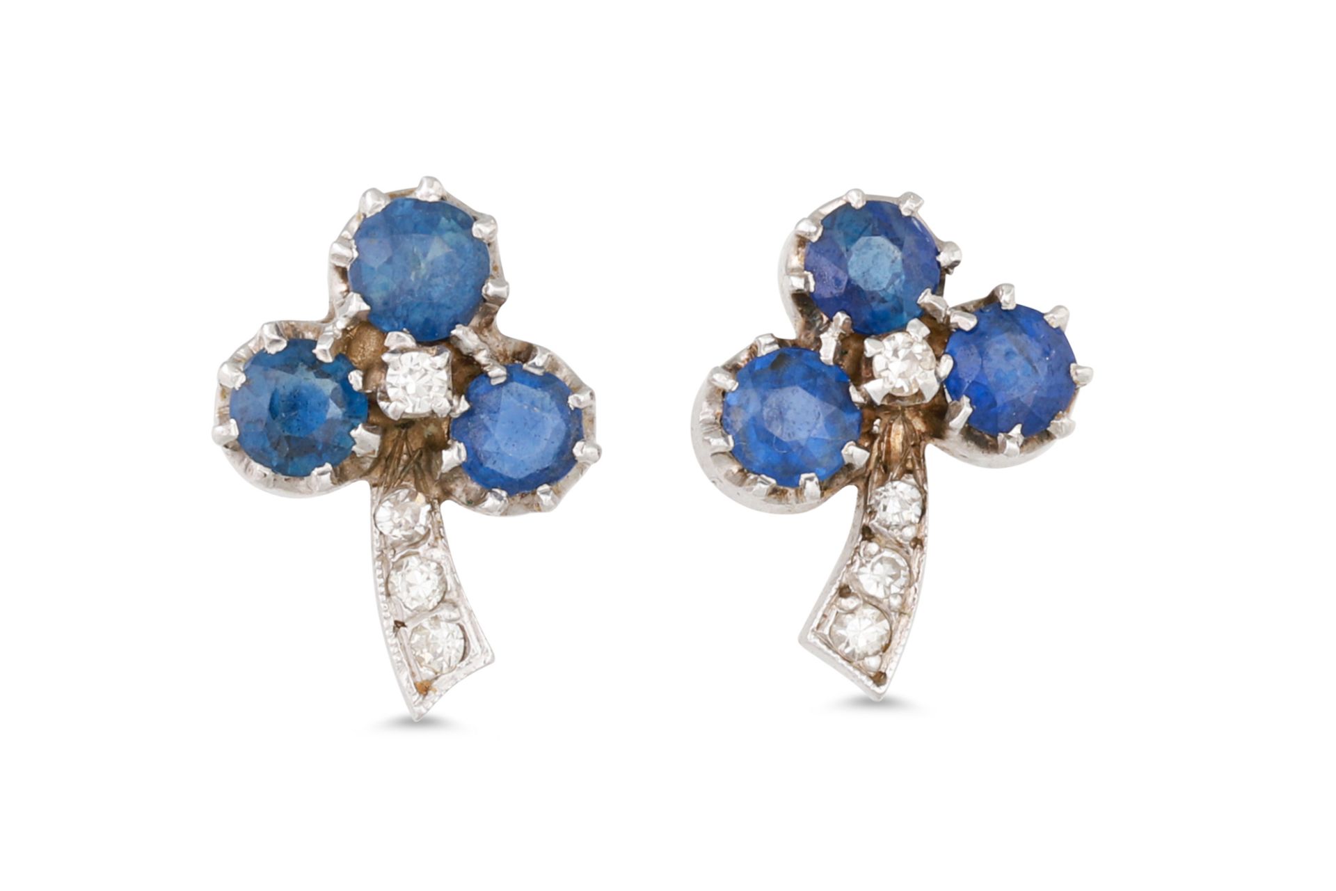 AN ATTRACTIVE PAIR OF SAPPHIRE AND DIAMOND CLUSTER EARRINGS, the circular sapphires and old cut