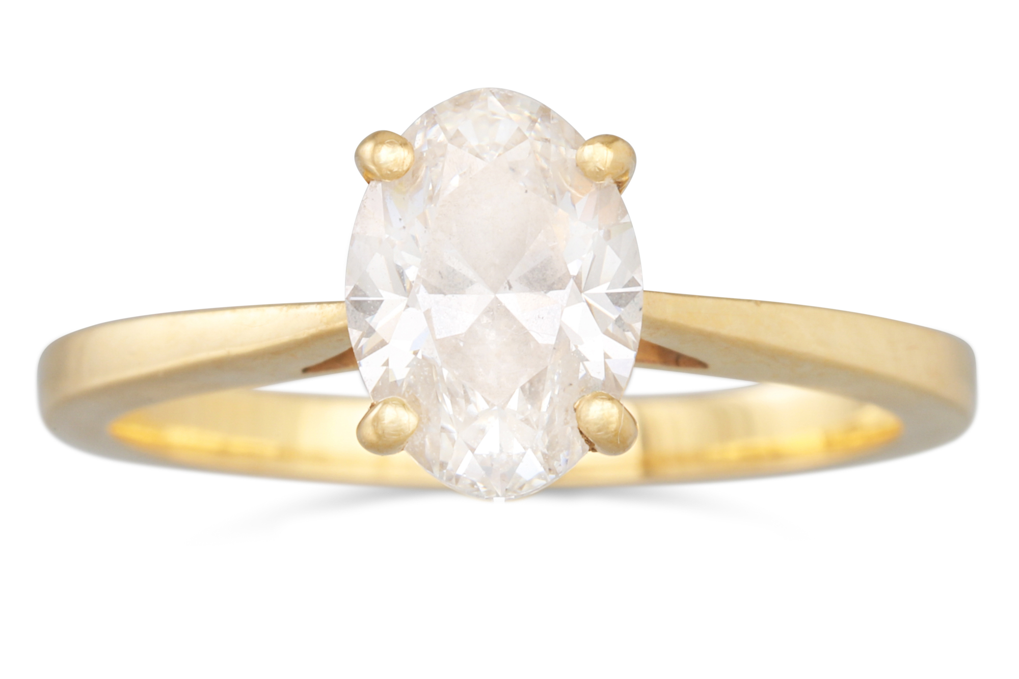 AN OVAL DIAMOND SOLITAIRE RING, the oval diamond to a yellow gold band. Together with a GIA Cert.