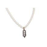 A SET OF CULTURED PEARLS, with diamond set pendant, to a bow shaped clasp