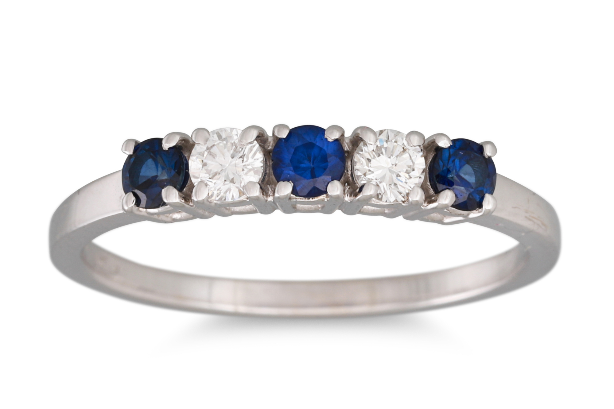 A SAPPHIRE AND DIAMOND FIVE STONE RING, mounted in 18ct white gold. Estimated: weight of diamonds: