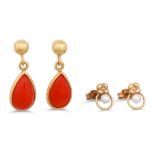 A PAIR OF CORAL SET EARRINGS, together with a pair of pearl set earrings