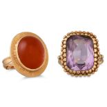 A CARNELIAN AND GOLD RING, together with an amethyst and gold ring, (amethyst damaged). Both size: