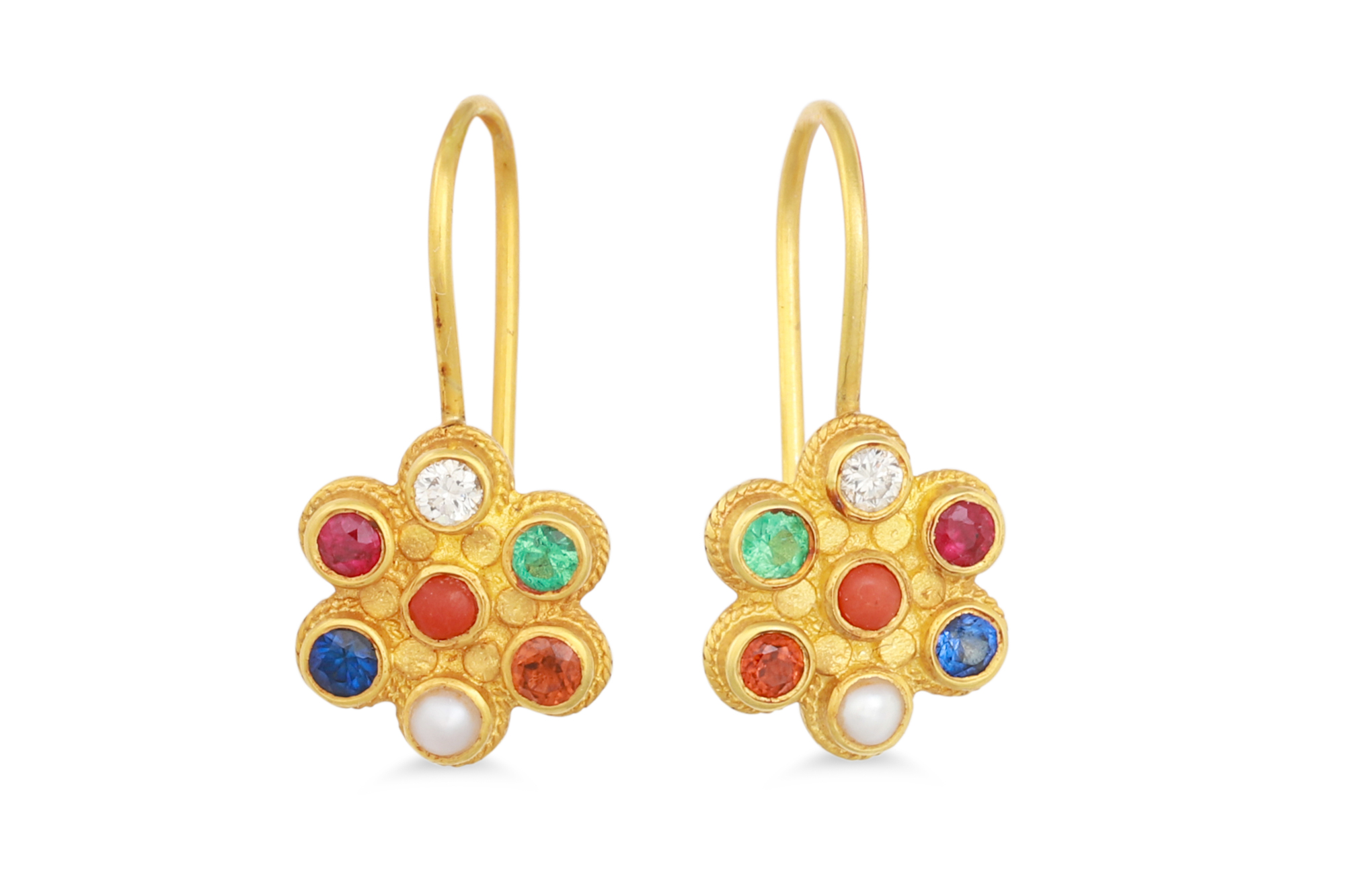 A PAIR OF MULTI GEM SET EARRINGS, to 18ct gold shepherd hook fittings