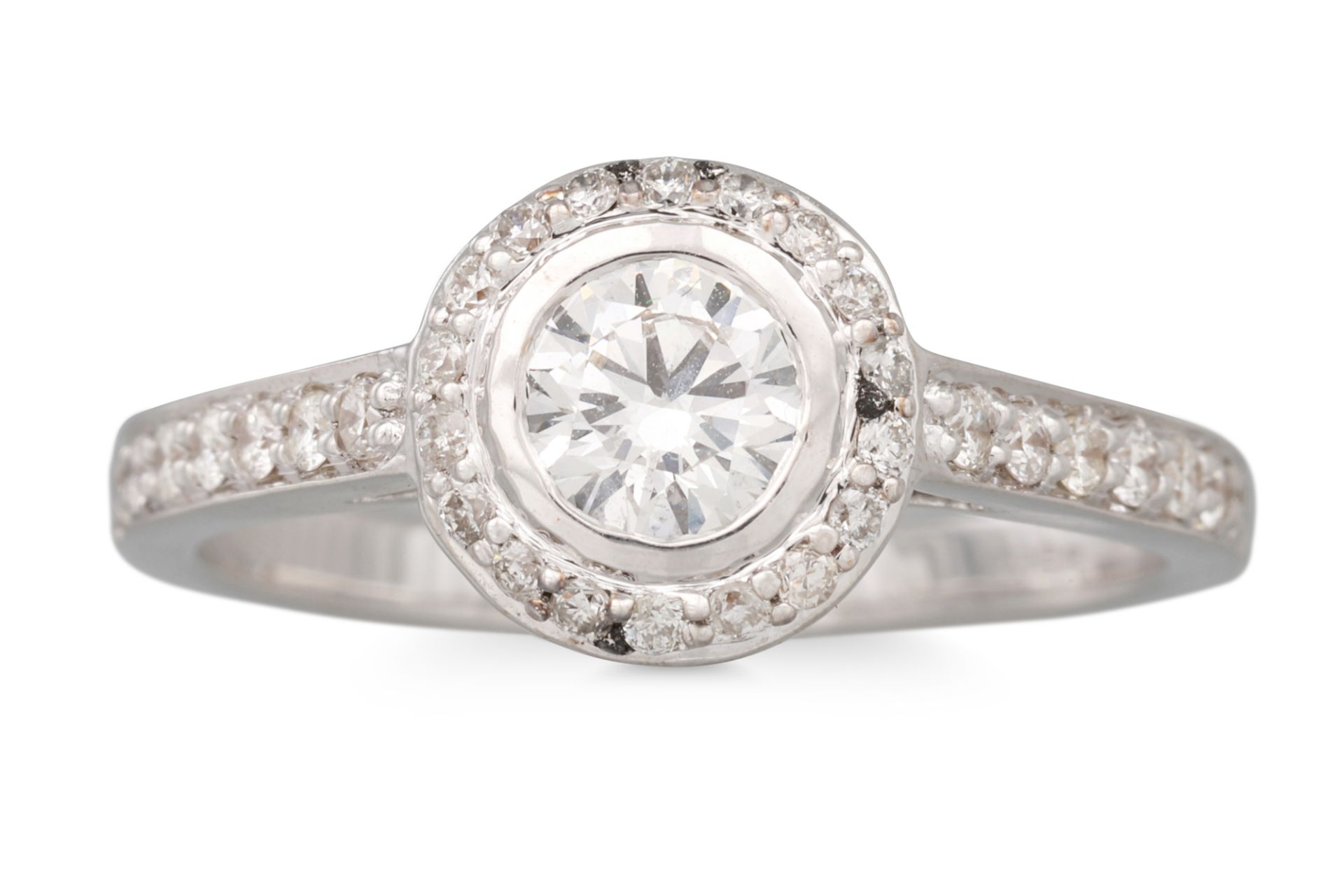 A DIAMOND HALO CLUSTER RING, set with brilliant cut diamonds, mounted in 18ct white gold. Estimated: