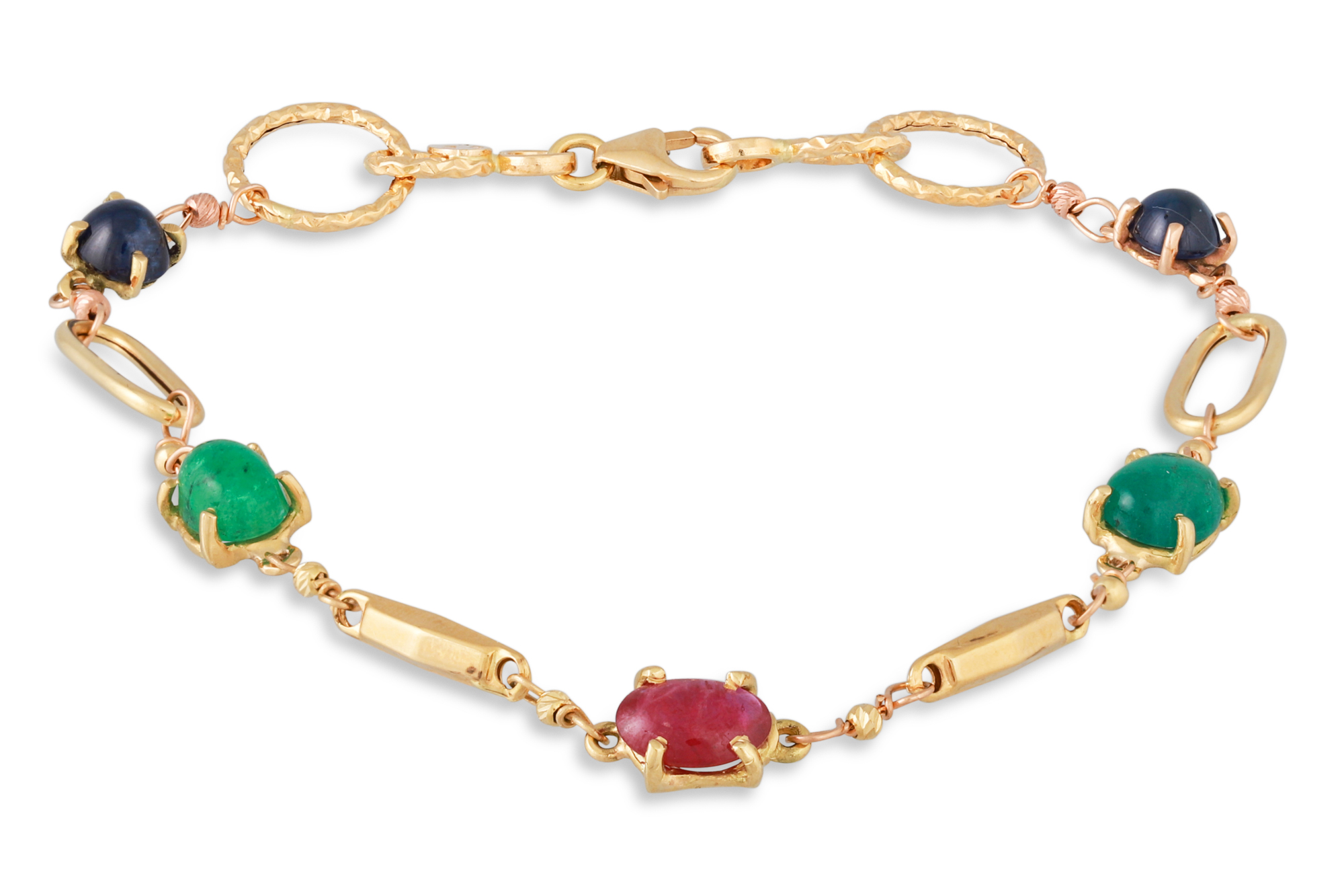 AN EMERALD, RUBY AND SAPPHIRE BRACELET, cabochon stones set in 18ct yellow gold