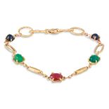 AN EMERALD, RUBY AND SAPPHIRE BRACELET, cabochon stones set in 18ct yellow gold