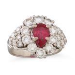 A RUBY AND DIAMOND CLUSTER RING, mounted in white gold. Estimated: weight of ruby: 1.82 ct.