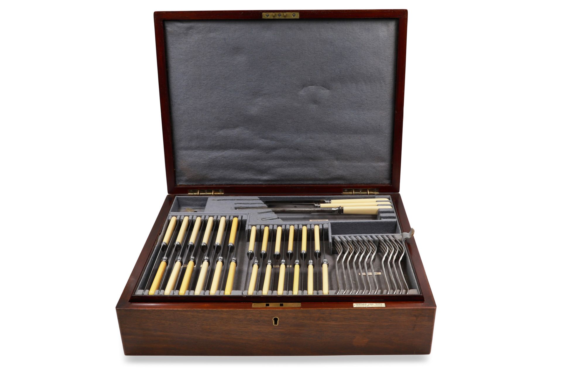 A PRE-WAR CA 1930 MAHOGANY CASED CANTEEN OF SILVER PLATED BONE HANDLED CUTLERY, by Edmond & Sons,