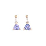 A PAIR OF TANZANITE EARRINGS, mounted in 9ct gold