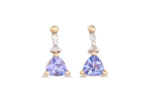 A PAIR OF TANZANITE EARRINGS, mounted in 9ct gold