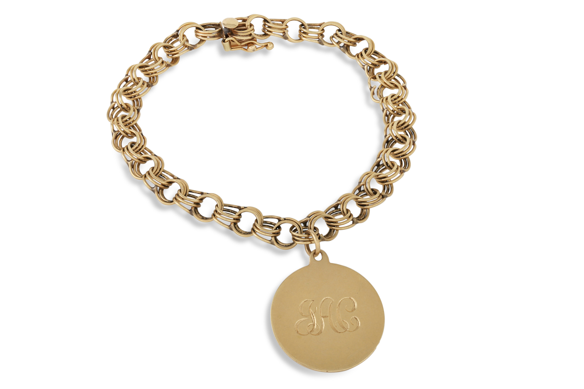 A 14CT GOLD FANCY LINK BRACELET, with ID disc, 11.4 g.