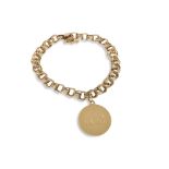A 14CT GOLD FANCY LINK BRACELET, with ID disc, 11.4 g.