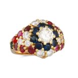 A DIAMOND AND COLOURED GEM-STONE CLUSTER RING, bombé style, in 18ct yellow gold. Estimated: weight