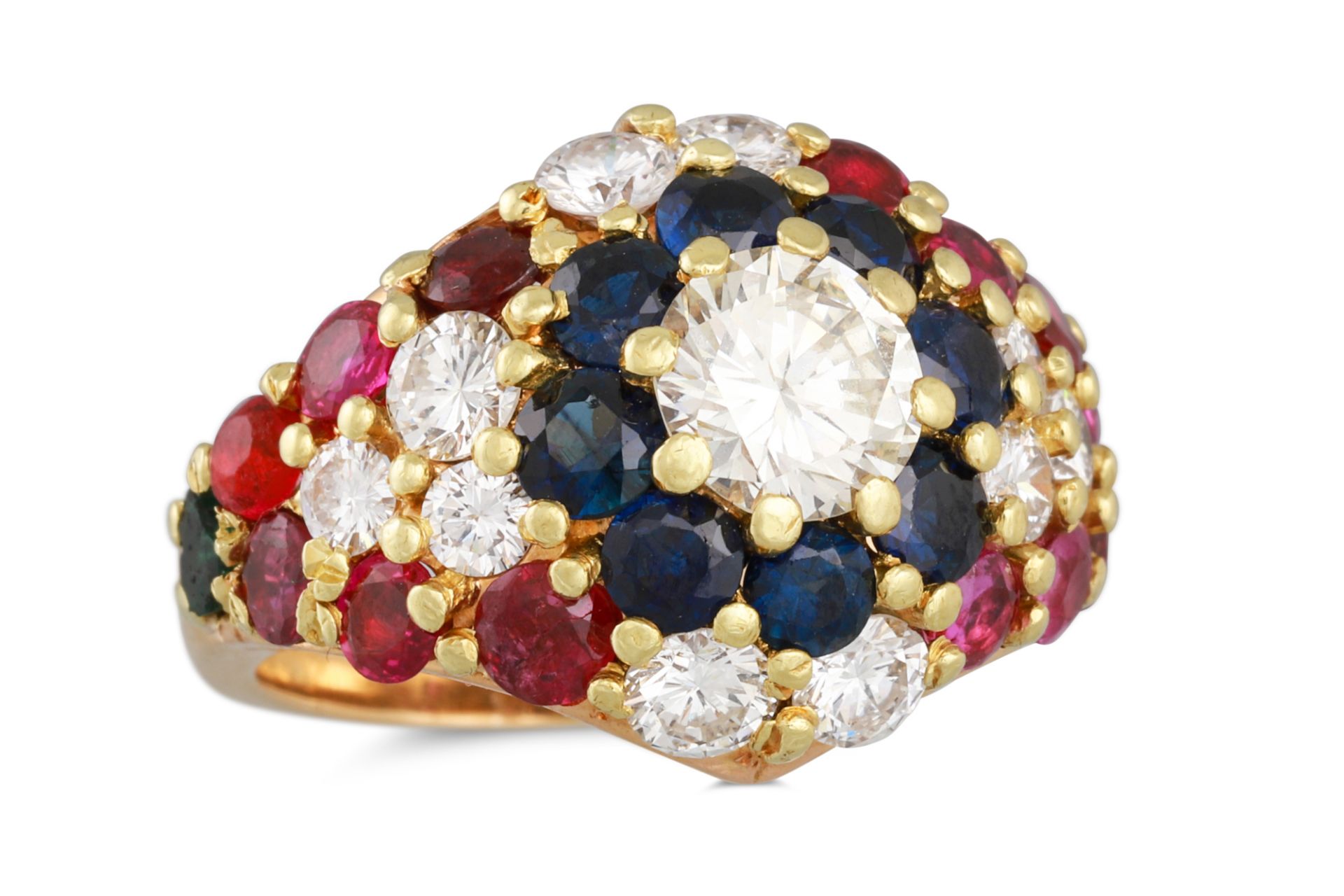 A DIAMOND AND COLOURED GEM-STONE CLUSTER RING, bombé style, in 18ct yellow gold. Estimated: weight