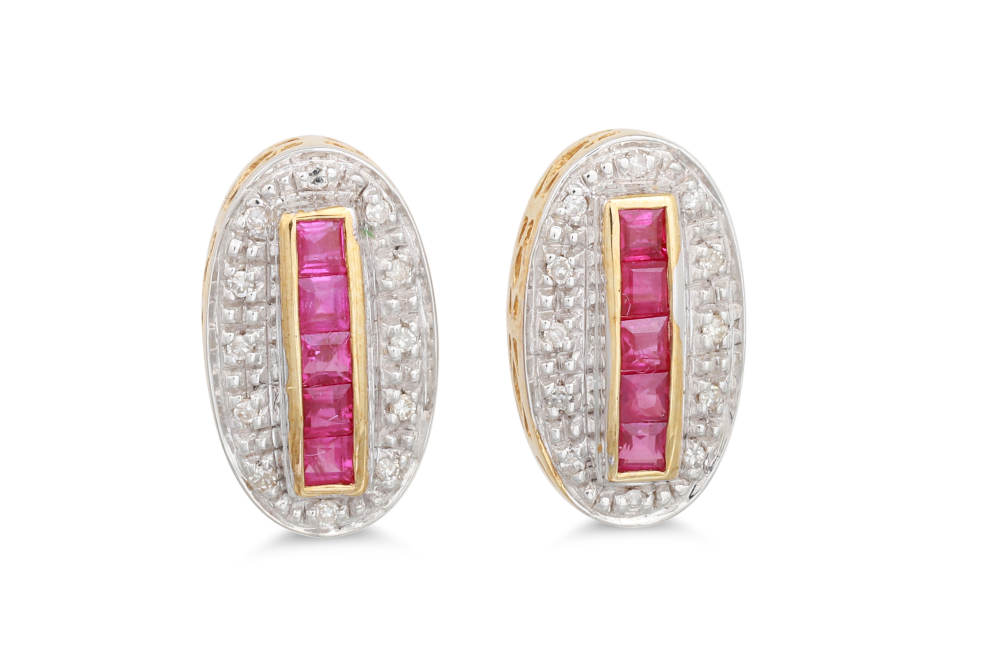 A PAIR OF DIAMOND AND RUBY EARRINGS, mounted in gold