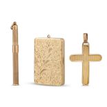 A HEAVY RECTANGULAR PHOTO LOCKET, in 9ct gold, engraved, together with a 9ct gold tooth pick and a