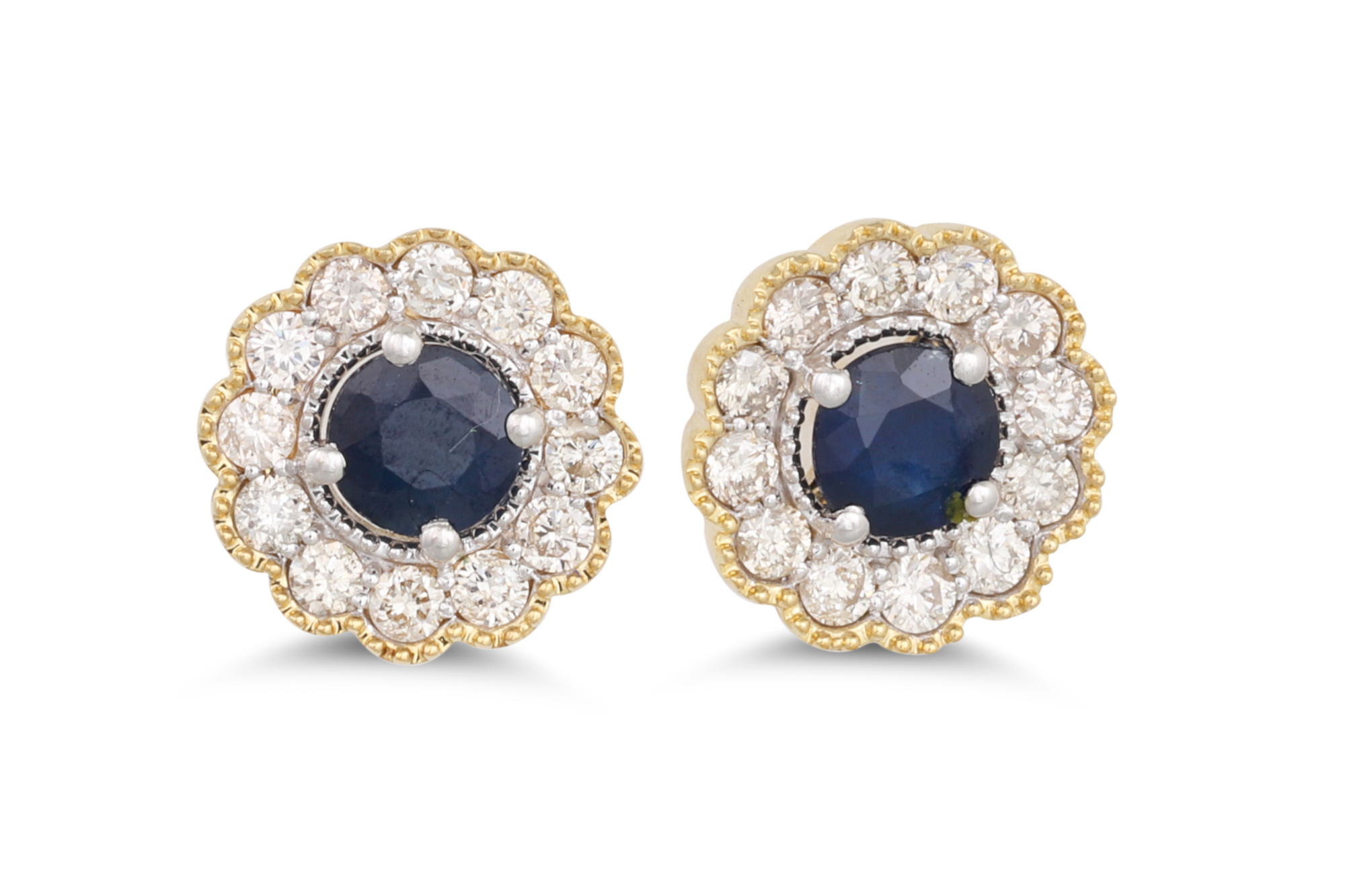 A PAIR OF DIAMOND AND SAPPHIRE CLUSTER EARRINGS, mounted in white gold