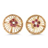 A PAIR OF DIAMOND AND RUBY EARRINGS, mounted in gold, 8.3 g.