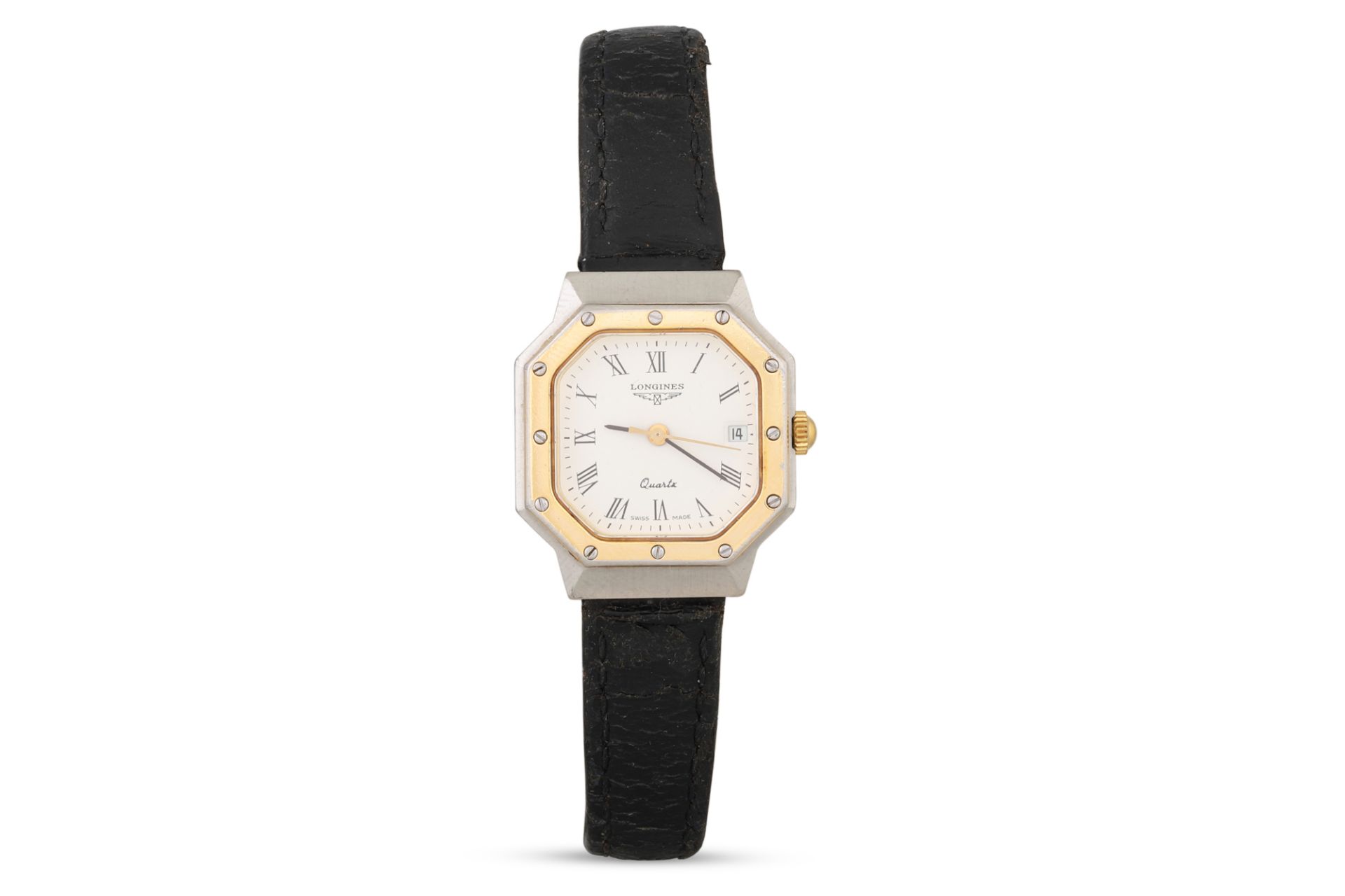 A LADY'S BI METAL LONGINES WRISTWATCH, Roman numerals, date and leather strap