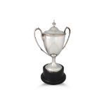 A TWIN HANDLED SOLID SILVER CUP, with lid & base, 26 cm high and 43 cm including base, Birmingham,