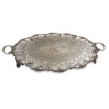 A LATE VICTORIAN LARGE SILVER PLATED TWIN HANDLED OVAL SERVING TRAY, with decorative pie crust