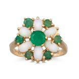 A OPAL AND EMERALD CLUSTER RING, mounted in 9ct gold, size J