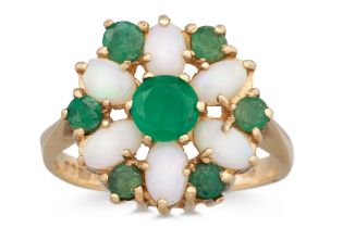 A OPAL AND EMERALD CLUSTER RING, mounted in 9ct gold, size J